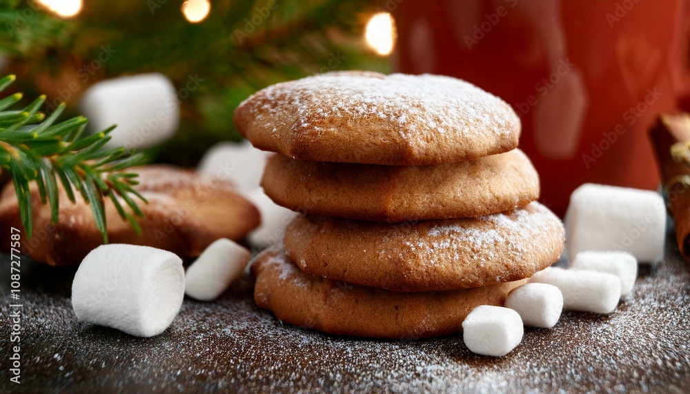 Cozy Christmas Cookies: A stack of delicious, homemade gingerbread cookies dusted with powdered sugar, surrounded by marshmallows and festive bokeh lights. Cozy Christmas Cookies: A stack of delicious, homemade gingerbread cookies dusted with powdered sugar, surrounded by marshmallows and festive bokeh lights.