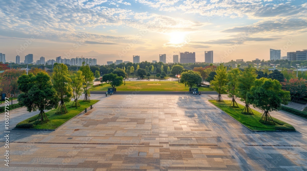 Fototapeta premium Empty square floor with city skyline background, Cityscape in abstract perspective, urban scene transformed into geometric art