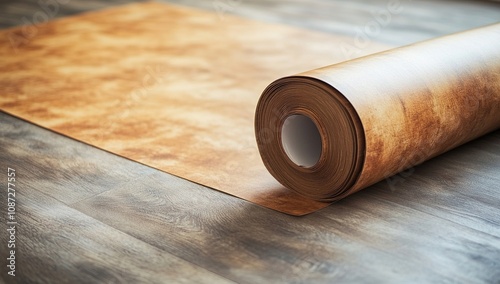 Rolled Brown Vinyl Flooring on Wooden Floor