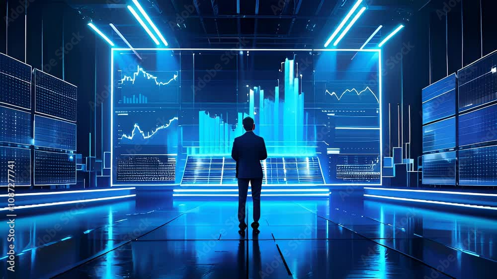 A professional analyzes digital data projections in a futuristic blue-lit room. High-tech visuals create an advanced atmosphere.