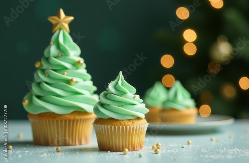 Christmas tree shaped cupcakes with green frosting and gold sprinkles