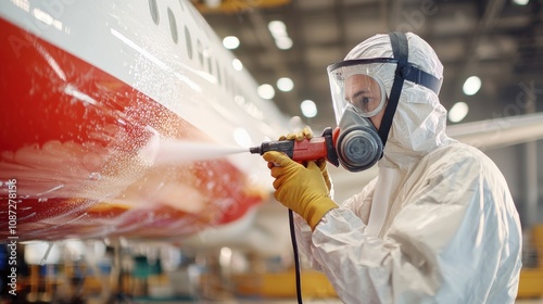 Technician in Protective Gear Spraying Aircraft Surface