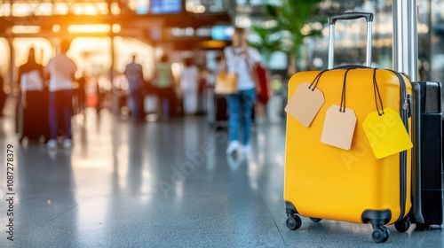 Bright Yellow Suitcase in Busy Airport Terminal