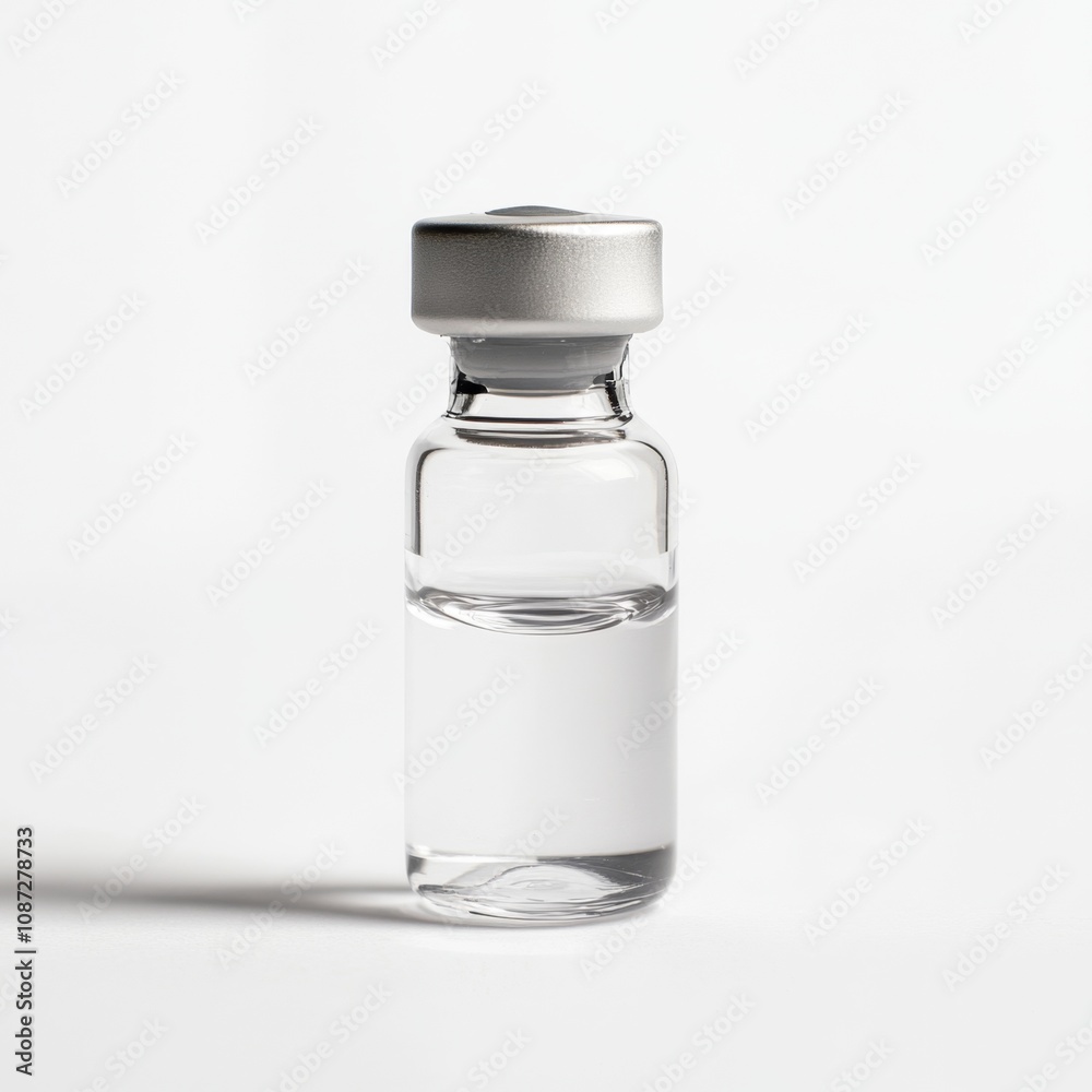 Clear glass vial containing a sterile vaccine solution, showcasing modern pharmaceutical packaging and design, ideal for health and medical-related themes. Clear glass vial containing a sterile vaccine solution, showcasing modern pharmaceutical packaging and design, ideal for health and medical-related themes.