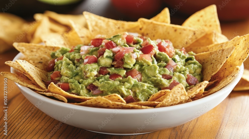 Freshly Made Guacamole in a Bowl Surrounded by Crispy Tortilla Chips on a Wooden Table Ideal for Snack Lovers and Parties Freshly Made Guacamole in a Bowl Surrounded by Crispy Tortilla Chips on a Wooden Table Ideal for Snack Lovers and Parties