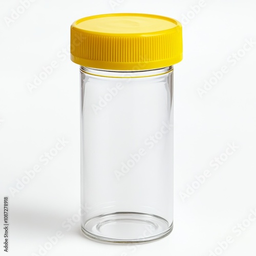 Transparent medical specimen container with yellow screw-on lid for laboratory use and specimen collection in healthcare environments
