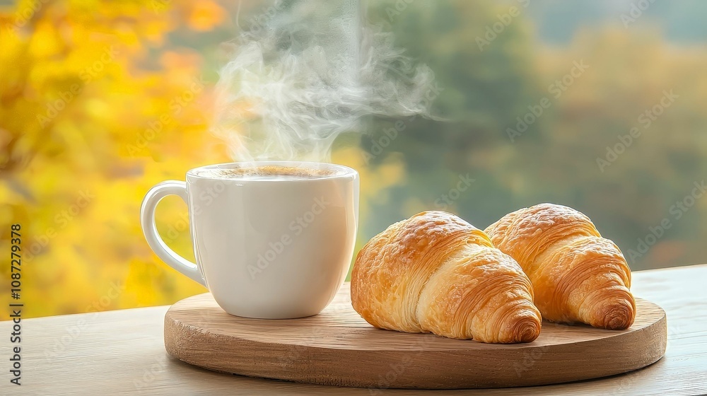 coffee and bakery concept. A steaming cup of coffee accompanied by two fresh croissants, set against a backdrop of vibrant autumn foliage. coffee and bakery concept. A steaming cup of coffee accompanied by two fresh croissants, set against a backdrop of vibrant autumn foliage.