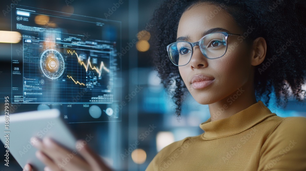 Young Woman Holding Tablet with Data Visualization Young Woman Holding Tablet with Data Visualization