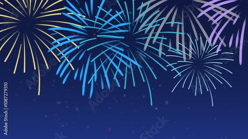 New Year's fireworks vector depicts a series of brightly colored explosions radiating in the night sky. Fireworks vector illustration in various graphic applications, such as posters	