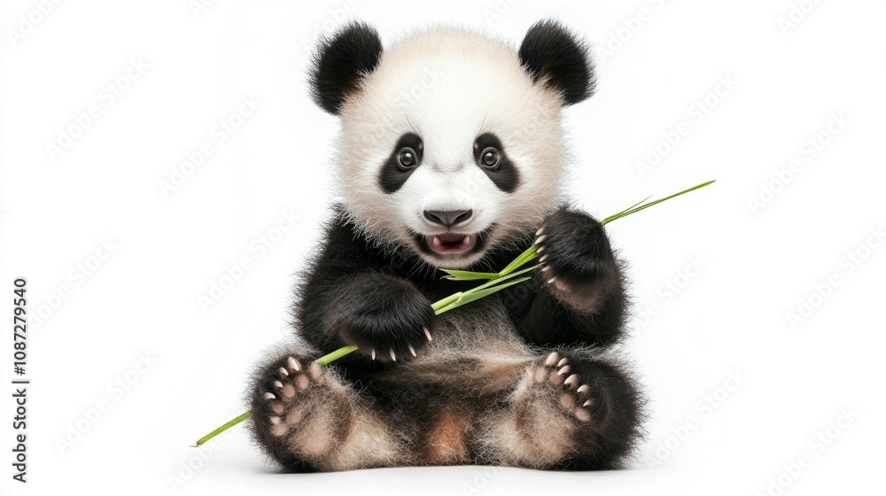 Naklejka premium Playful Baby Panda Sitting with Bamboo in a Full Body Shot Captured Against a Clean White Background, Perfect for Wildlife and Nature Enthusiasts