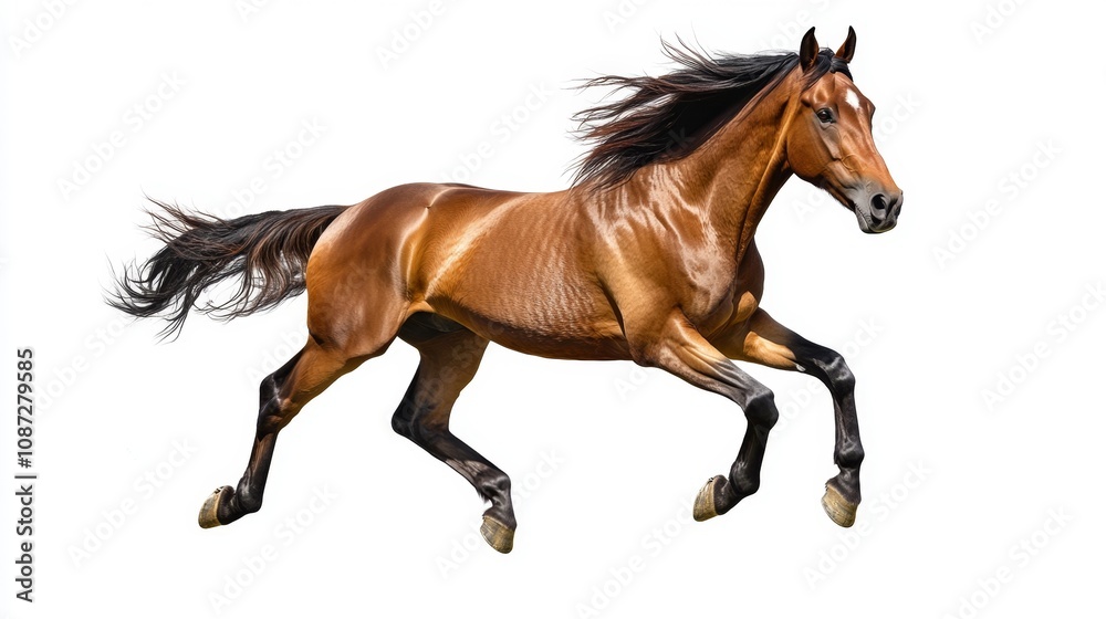 Majestic Powerful Stallion Galloping Mid-Action with Flowing Mane Captured in Gorgeous Detail on a White Background for Stock Photography Needs Majestic Powerful Stallion Galloping Mid-Action with Flowing Mane Captured in Gorgeous Detail on a White Background for Stock Photography Needs