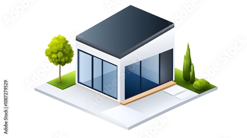 isometric modern house with green tree clip art preview