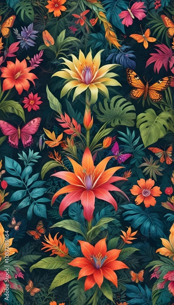 Tropical exotic pattern with animal and flowers in bright colors and lush vegetation Tropical exotic pattern with animal and flowers in bright colors and lush vegetation