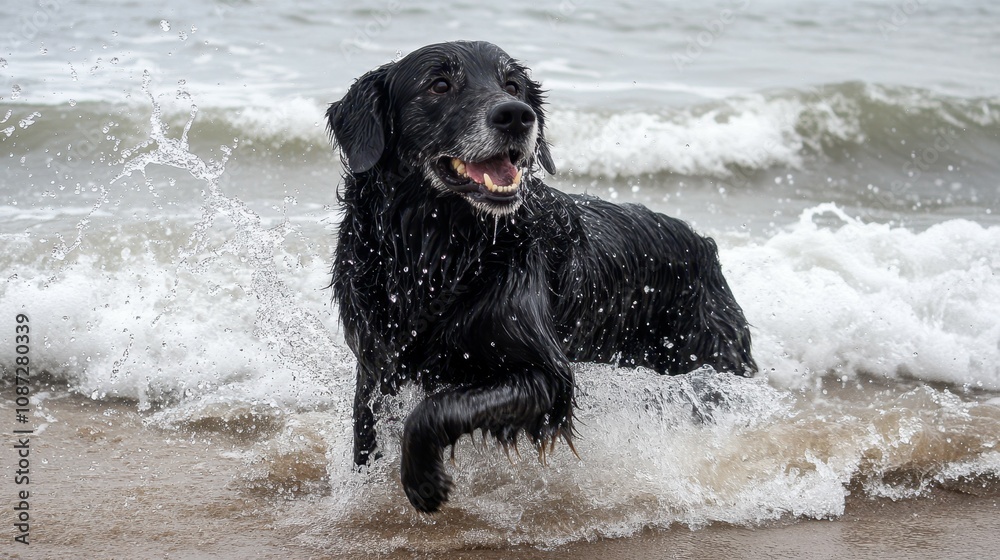 Happy Dog Splashing in the Waves at the Beach with Joyful Energy, Captivating Moments of Playfulness and Fun in a Scenic Coastal Setting Happy Dog Splashing in the Waves at the Beach with Joyful Energy, Captivating Moments of Playfulness and Fun in a Scenic Coastal Setting