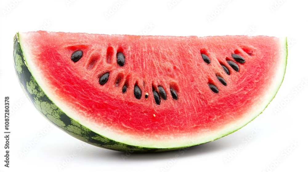 Detailed Close-Up of a Half-Cut Watermelon Showcasing Vibrant Red Flesh and Black Seeds with Green Rind on a White Background Detailed Close-Up of a Half-Cut Watermelon Showcasing Vibrant Red Flesh and Black Seeds with Green Rind on a White Background
