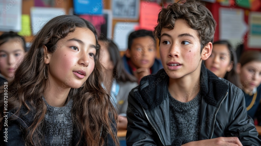 Two high school students actively discussing in a debate class, with a focus on engagement and participation, youthful interaction, teamwork, and academic interest in classroom setting. Two high school students actively discussing in a debate class, with a focus on engagement and participation, youthful interaction, teamwork, and academic interest in classroom setting.