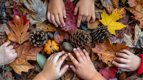 Children's hands exploring various autumn elements like pinecones, colorful leaves, small pumpkins, focus is on sensory play, encouraging children engage with textures, colors nature.