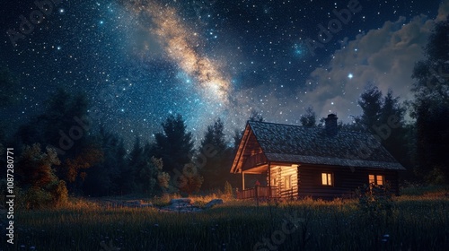 The night sky with bright stars and galaxy bands above an isolated cabin, casting a magical light on the surroundings.