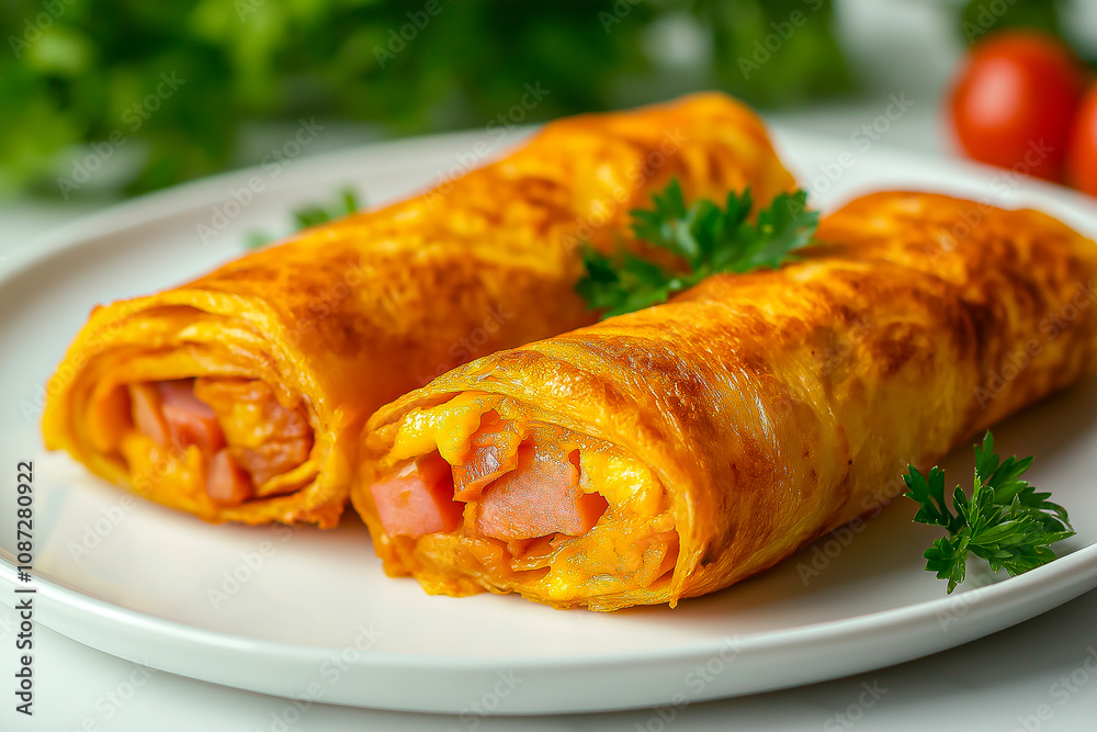 Two pieces of tortilla, rolled into a tube, with ham and cheese inside, on a white plate, on a light background. Image for menu design of bars, cafes, restaurants Two pieces of tortilla, rolled into a tube, with ham and cheese inside, on a white plate, on a light background. Image for menu design of bars, cafes, restaurants