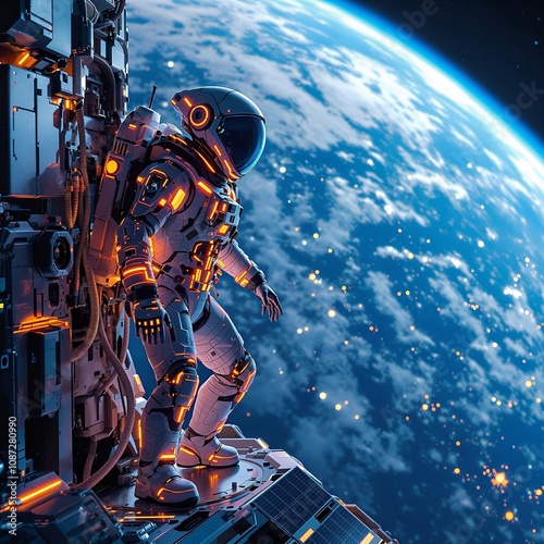 A 3D-rendered illustration featuring an astronaut inside a space station, overlooking earth,generative ai