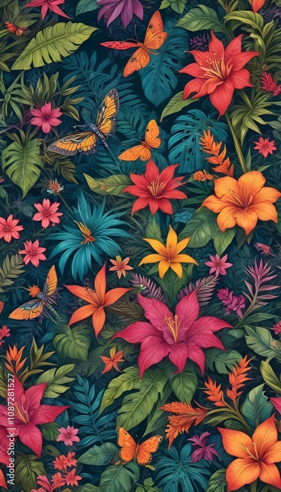 Tropical exotic pattern with animal and flowers in bright colors and lush vegetation