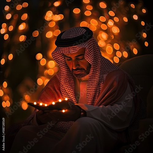 saudi man customer service feling love night mood orange backlight ,generative ai photo