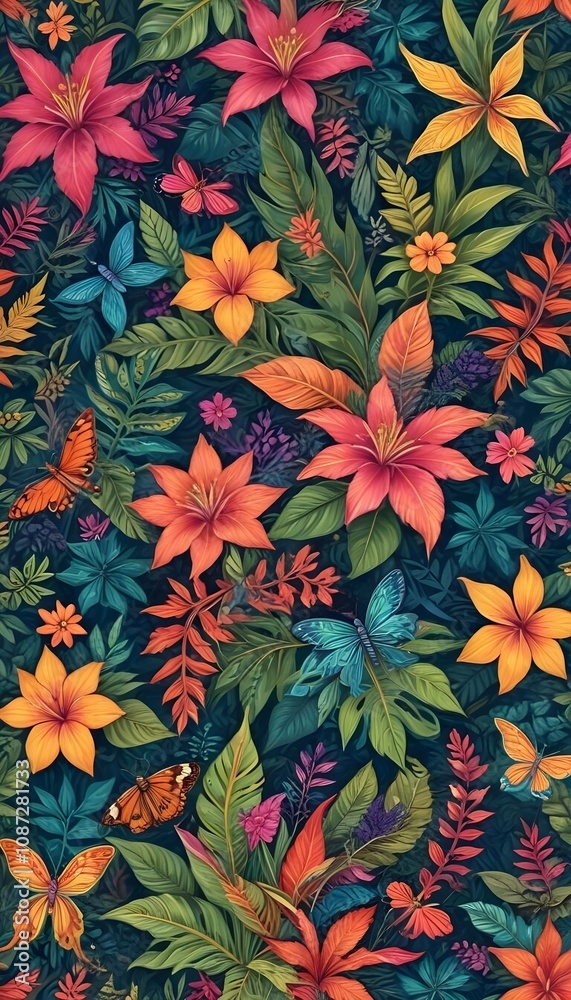 Tropical exotic pattern with animal and flowers in bright colors and lush vegetation Tropical exotic pattern with animal and flowers in bright colors and lush vegetation