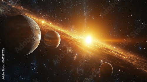 Exploring the vastness of space with planets orbiting a glowing sun in a colorful cosmic landscape. Generative AI
