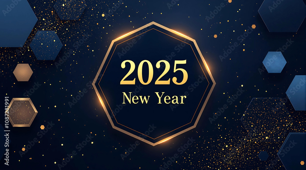 A luxurious New Year design featuring a glowing golden hexagon with A luxurious New Year design featuring a glowing golden hexagon with