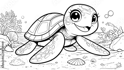 Sea Turtle Cartoon Character on Seabed Coloring Page for Kids Underwater Scene with Coral Reef Seaweed Marine Life Ocean Seabed Sea Turtle Cute Playful Fish Bubbles Sand Creatures