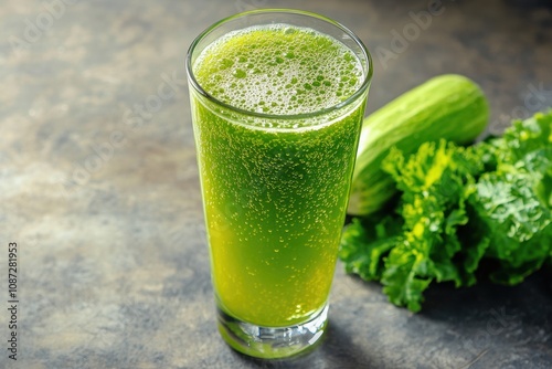 The image of a glass of vegetable juice conveys a sense of natural goodness and health. 