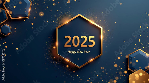 A luxurious New Year design featuring a glowing golden hexagon with 