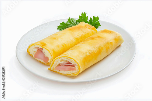 Two pieces of tortilla, rolled into a tube, with ham and cheese inside, on a white plate, on a light background