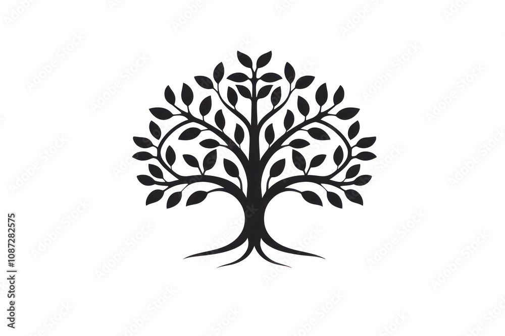 Minimalistic black tree of life icon with delicate leaves and a strong central trunk forming a balanced and harmonious shape isolated on white background Minimalistic black tree of life icon with delicate leaves and a strong central trunk forming a balanced and harmonious shape isolated on white background