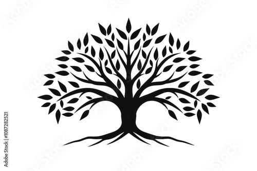 Minimalistic black tree of life icon with delicate leaves and a strong central trunk forming a balanced and harmonious shape isolated on white background