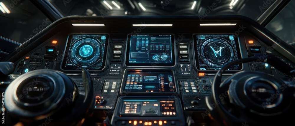 Futuristic cockpit featuring advanced controls and displays for space travel.