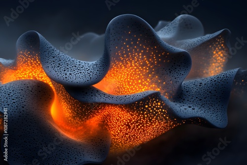 Abstract Glowing Lava like 3D Render Dark Blue Orange Porous Texture