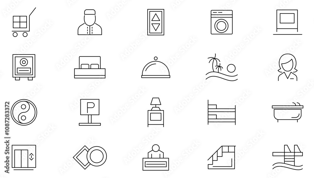 Hotel and Motel line icon set. Wellness, beach, tourism, hotel, passport, maps, spa, landscape, bedroom, sleep, bedtime, furniture line icon set. UI thin line icon pack. Hotel and Motel line icon set. Wellness, beach, tourism, hotel, passport, maps, spa, landscape, bedroom, sleep, bedtime, furniture line icon set. UI thin line icon pack.