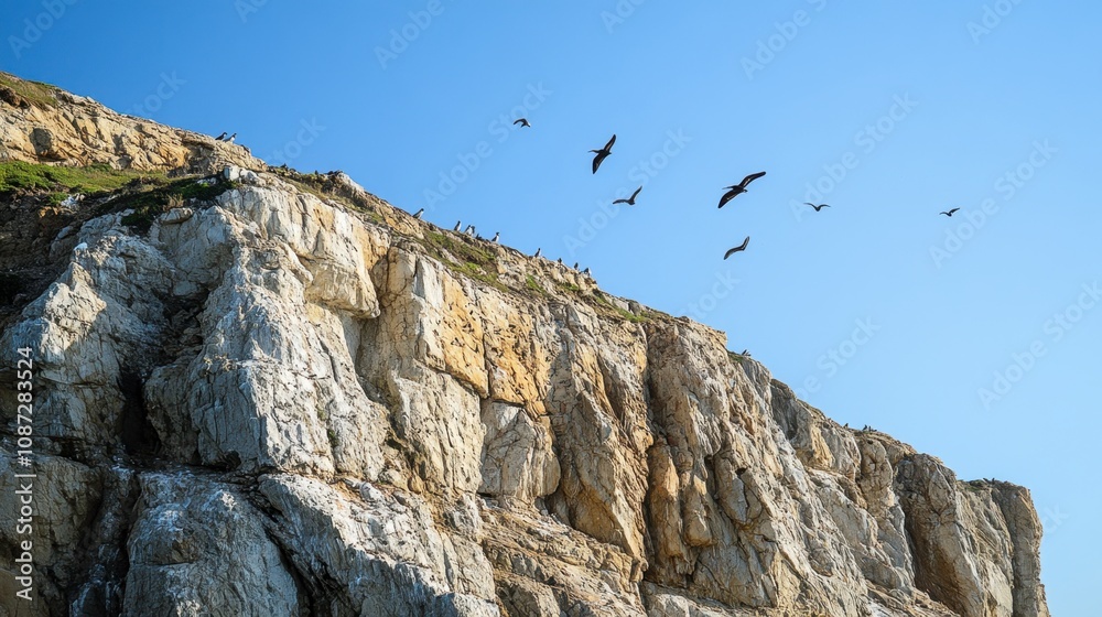 The rugged terrain of a high cliff under a clear blue sky, with birds soaring above. The rugged terrain of a high cliff under a clear blue sky, with birds soaring above.