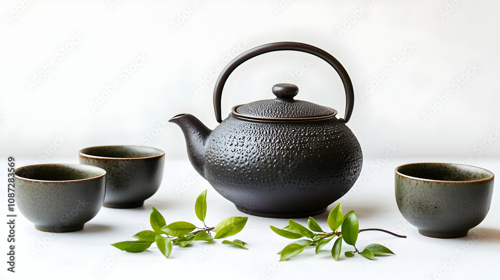 A Rustic Black Teapot with a Textured Finish Sits on a White Table with Four Matching Teacups and Green Sprigs of Tea Leaves A Rustic Black Teapot with a Textured Finish Sits on a White Table with Four Matching Teacups and Green Sprigs of Tea Leaves