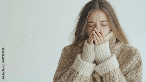 A young woman wrapped in a cozy sweater, warming her face with her hands during a chilly winter day indoors, evoking feelings of warmth and comfort in a minimalist setting