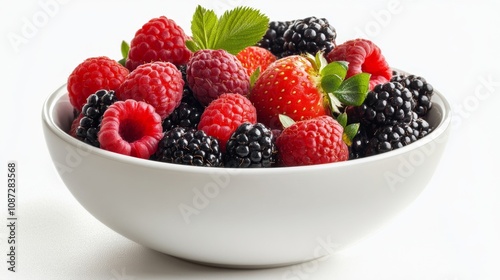 Close-Up Image of a White Bowl Filled with a Variety of Fresh Mixed Berries Including Raspberries, Strawberries, and Blackberries on a Clean Neutral Background