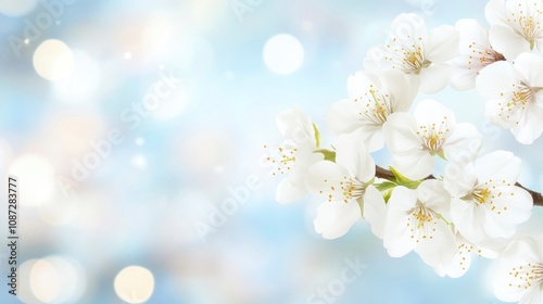 White cherry blossoms on a blurred bokeh light background