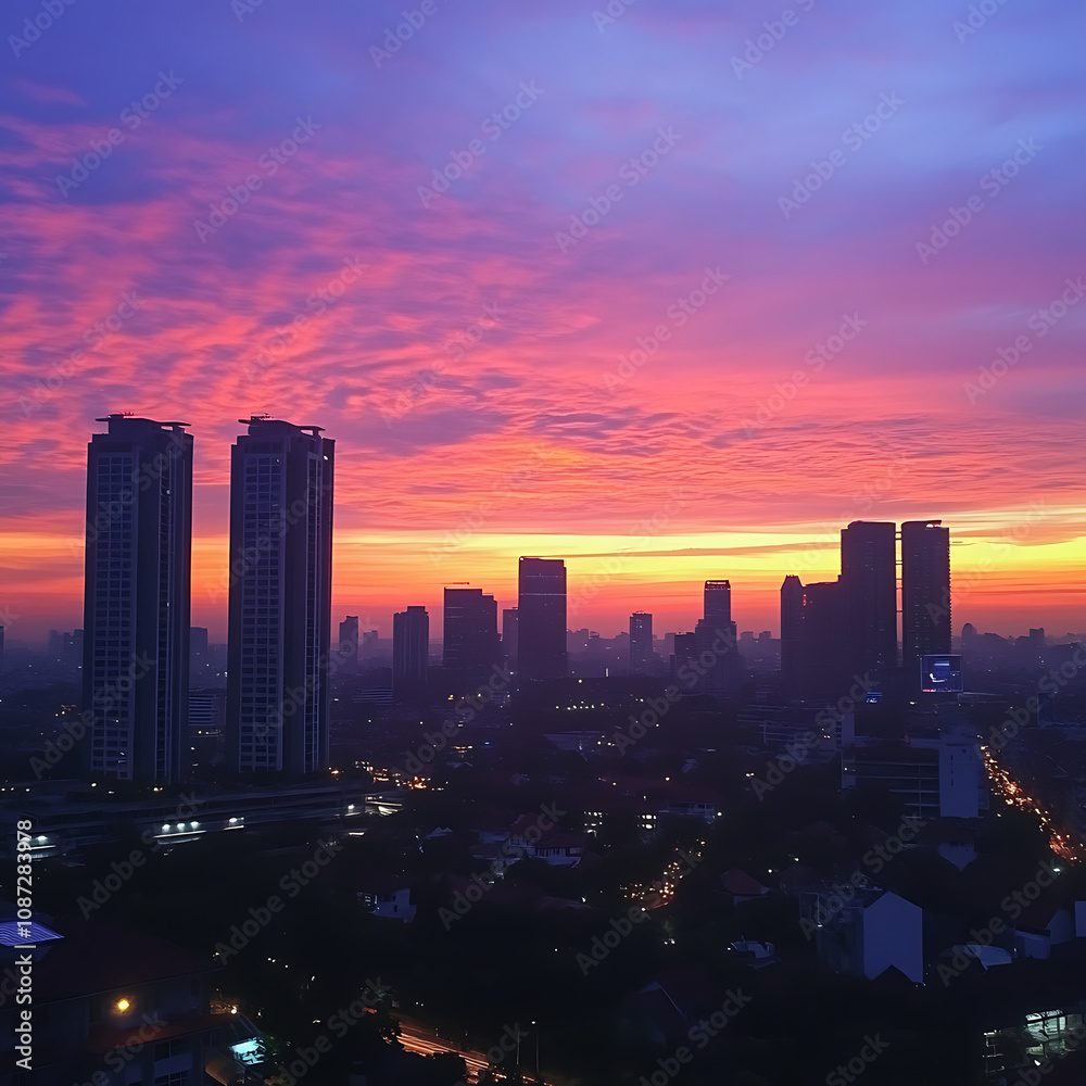 Fototapeta premium Breathtaking City Skyline at Dusk with Vibrant Purple and Orange Sky Illuminating Tall Buildings and Urban Landscape