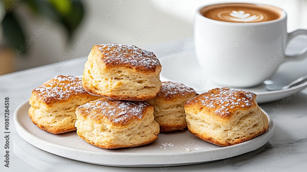 Flaky scones dusted with powdered sugar served on a plate alongside a cup of coffee, creating a cozy cafe atmosphere. Flaky scones dusted with powdered sugar served on a plate alongside a cup of coffee, creating a cozy cafe atmosphere.