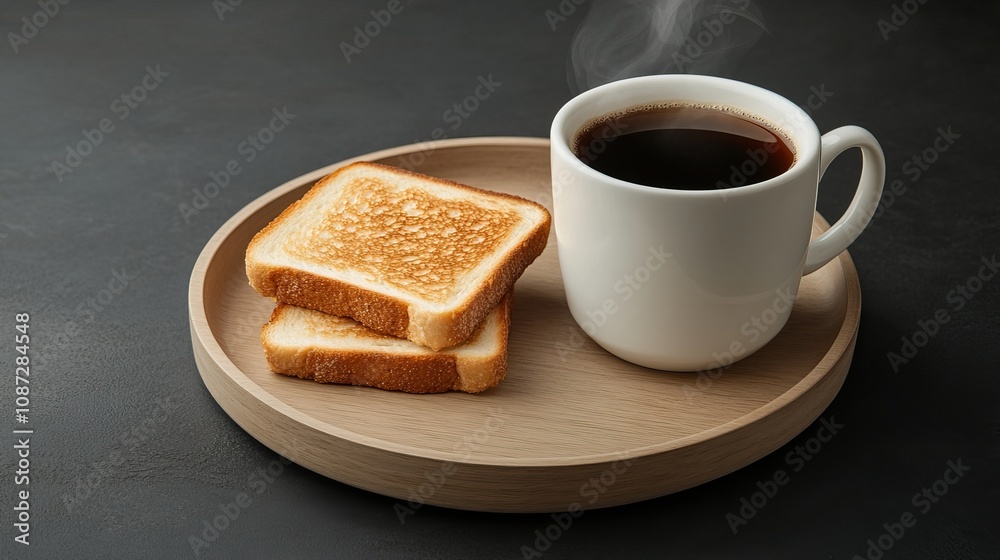 A cozy breakfast scene featuring a steaming cup of black coffee alongside two slices of golden toasted bread on a wooden plate.