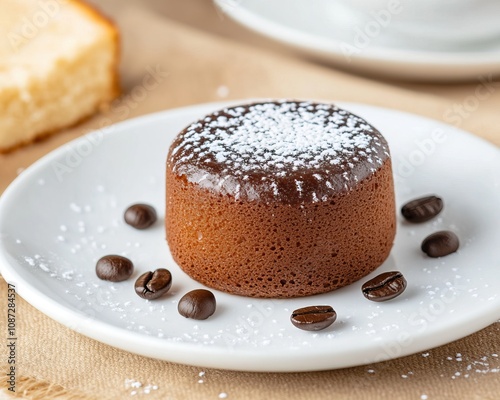 A moist chocolate cake topped with powdered sugar, surrounded by coffee beans, served on a white plate.