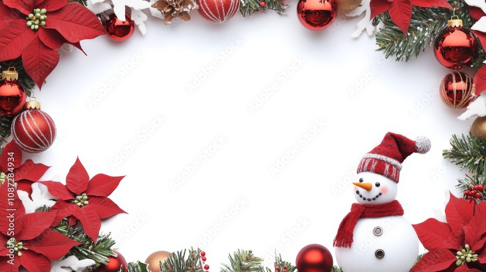 Festive christmas border with snowman and poinsettias on white background Festive christmas border with snowman and poinsettias on white background