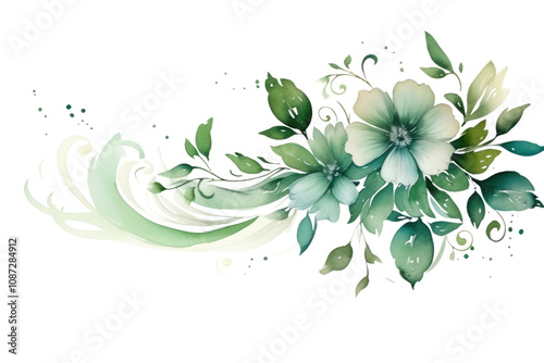 Hand-painted green flowers and leaves creating a flowing watercolor banner isolated on white background
