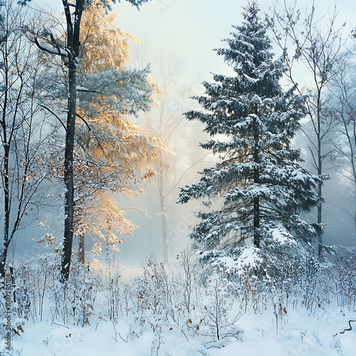 Tranquil Winter Landscape with Snow-Covered Trees and Soft Morning Light in Serene Woodland Setting photo